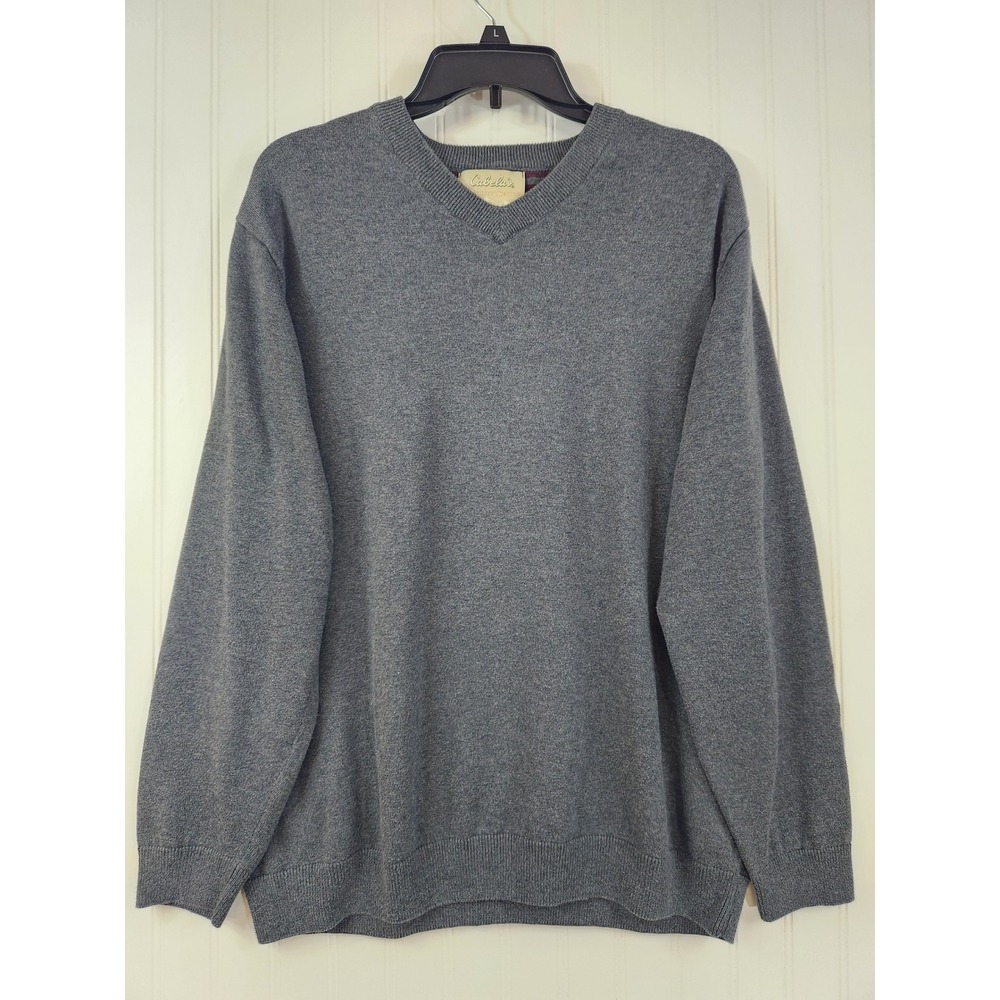 Cabelas Outfitter Mens Size Large Gray V-Neck 100% Cotton Knit‎ Sweater Preppy